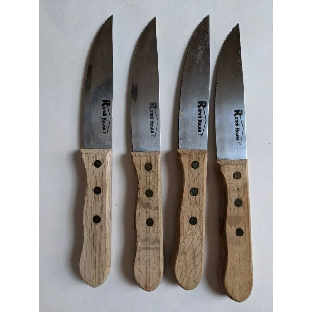 Vintage Ranch House steak knife set of‎ 4 wood handles  stainless